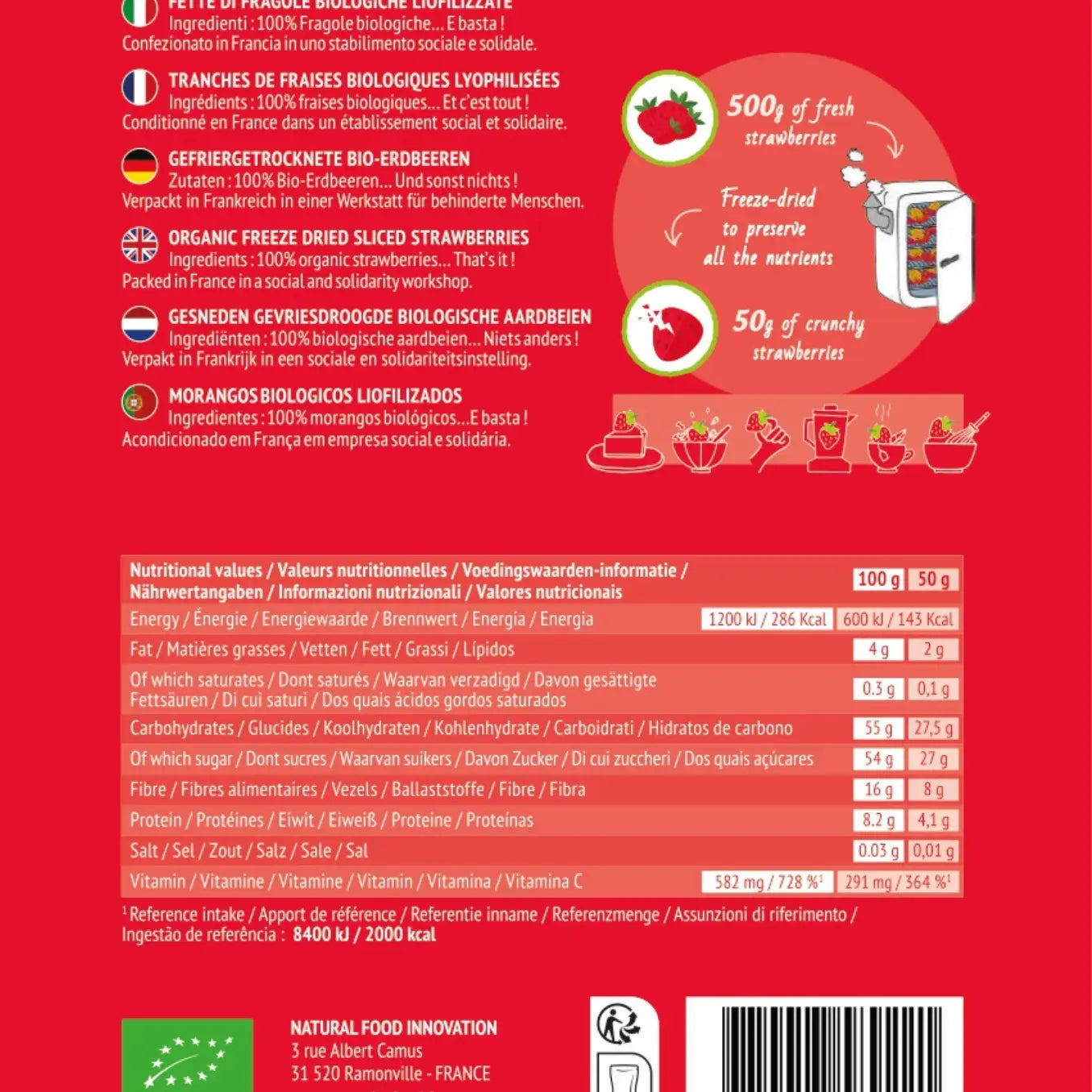 Căpșuni liofilizate organice, familie, 50gr Organica Food