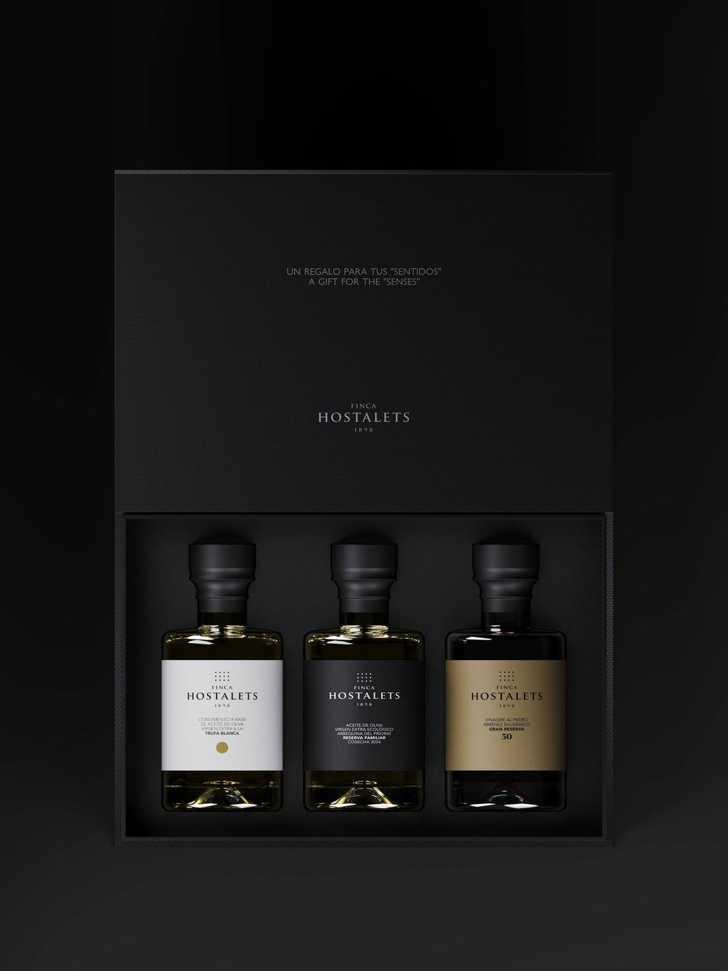 Set cadou Ulei de măsline extravirgin / Oțet / Ulei infuzat cu trufe, 3 x 100 ml Finca Hostalets
