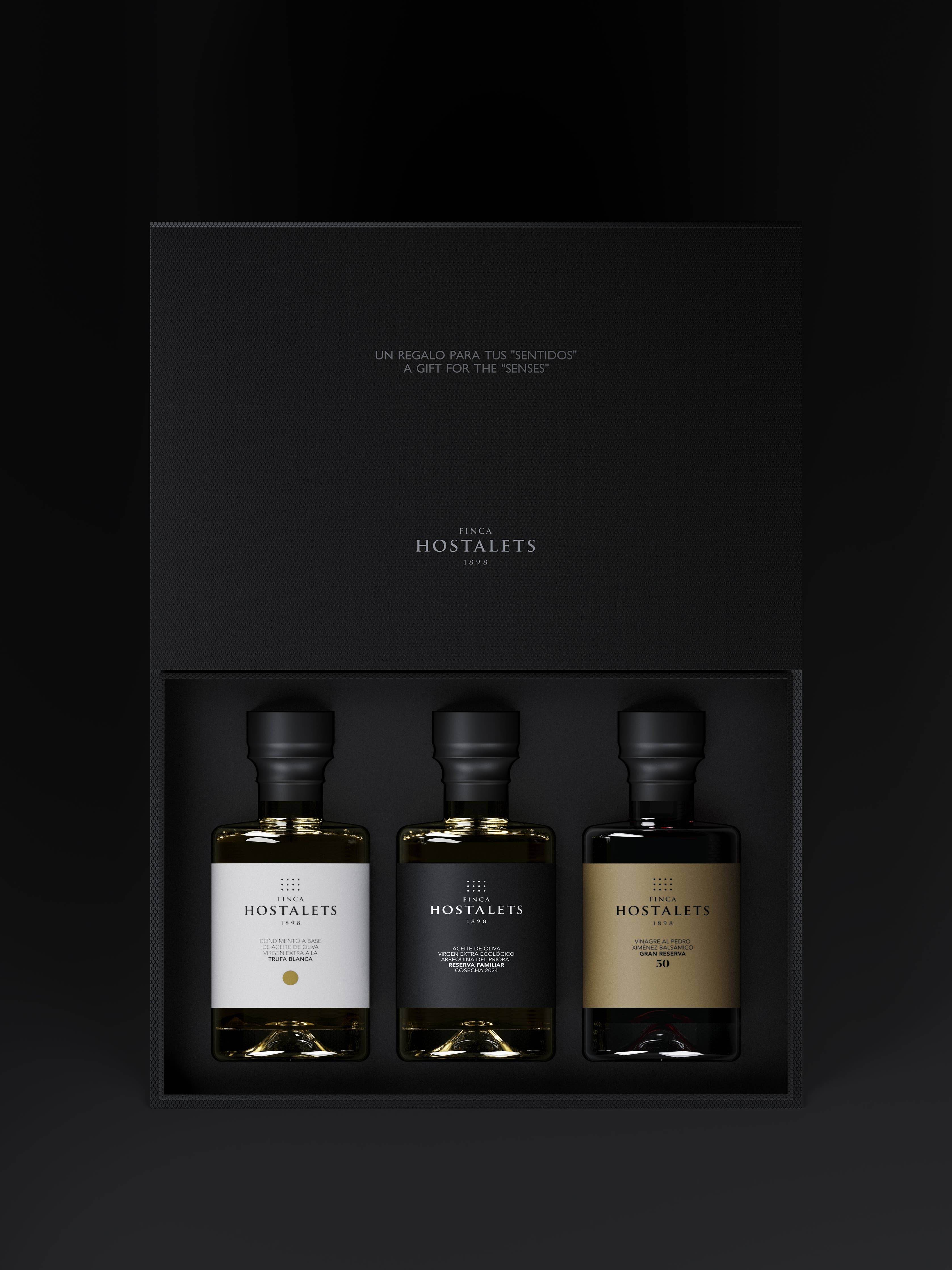 Set cadou Ulei de măsline extravirgin / Oțet / Ulei infuzat cu trufe, 3 x 100 ml Finca Hostalets