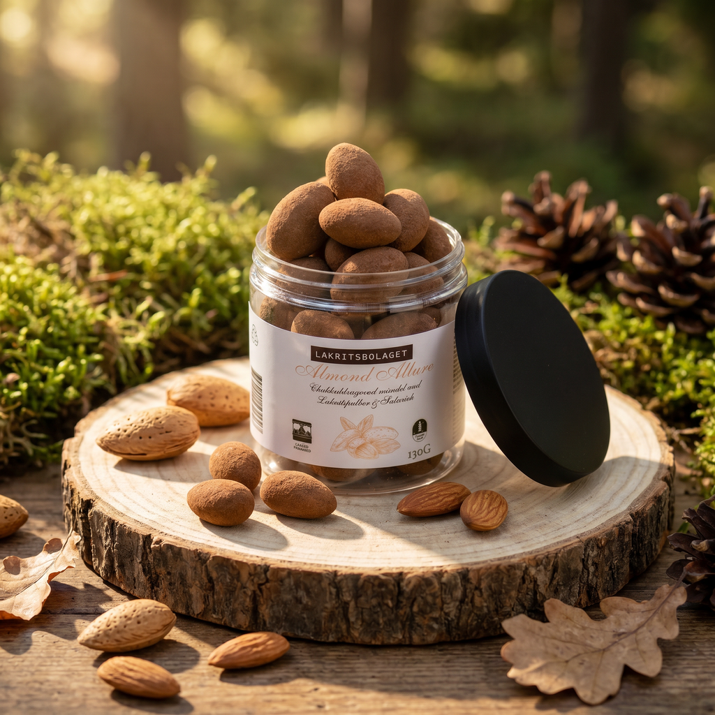 ALMOND ALLURE | Migdale acoperite cu ciocolată cu lapte și lemn dulce, 150gr Lakritsbolaget