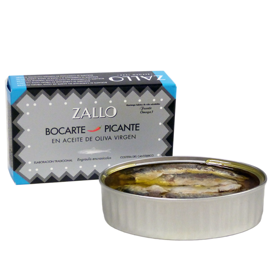 Sardine (Bocarte) în stil anșoa  în ulei picant de măsline virgine, 112gr Zallo