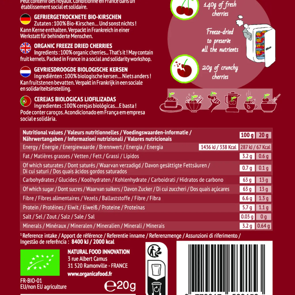 Cireșe liofilizate organice 100% fructe pure, 20gr Organica Food