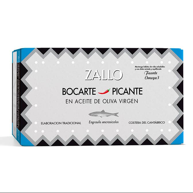 Sardine (Bocarte) în stil anșoa  în ulei picant de măsline virgine, 112gr Zallo