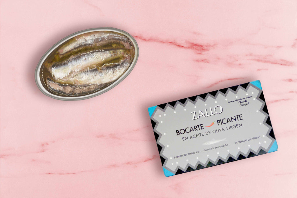 Sardine (Bocarte) în stil anșoa  în ulei picant de măsline virgine, 112gr Zallo