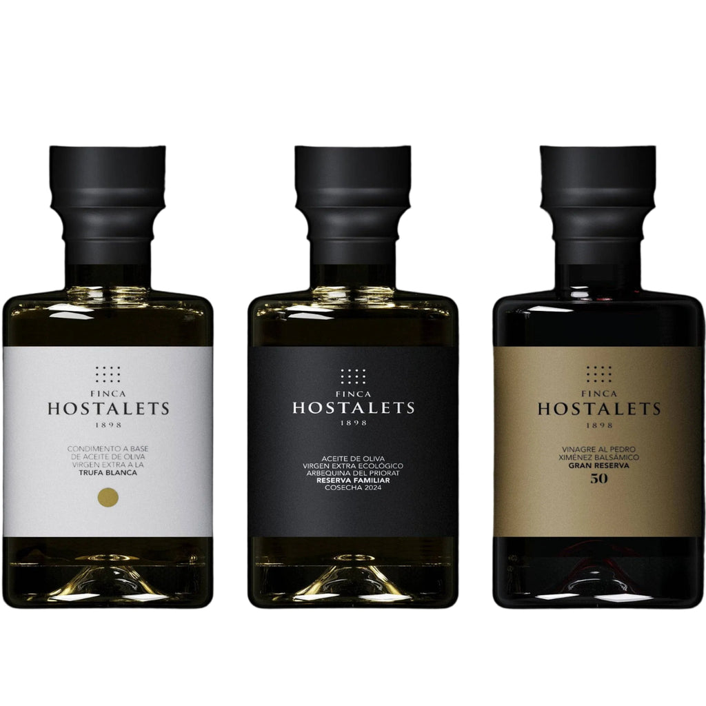 Set cadou Ulei de măsline extravirgin / Oțet / Ulei infuzat cu trufe, 3 x 100 ml Finca Hostalets