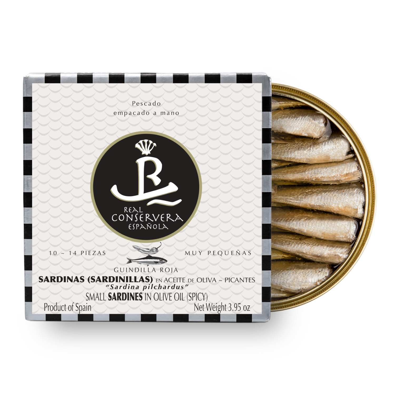 Baby sardine în ulei de măsline (picante) 10/14, 112 g - Real Conservera, Spania