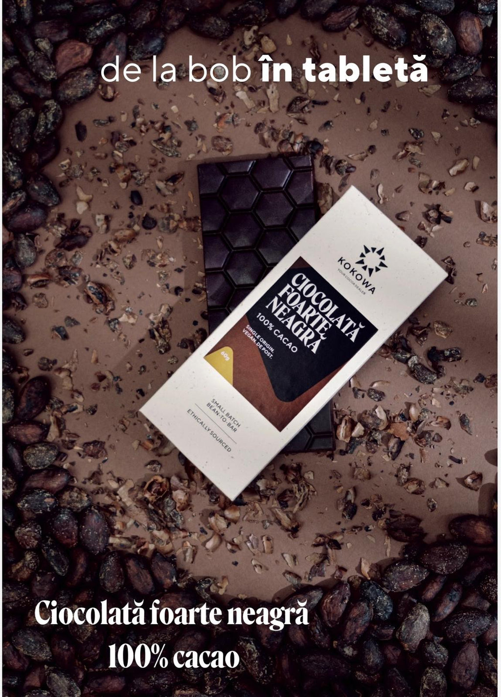 Ciocolată neagră, 100% cacao | Bean-to-Bar, 60gr Kokowa