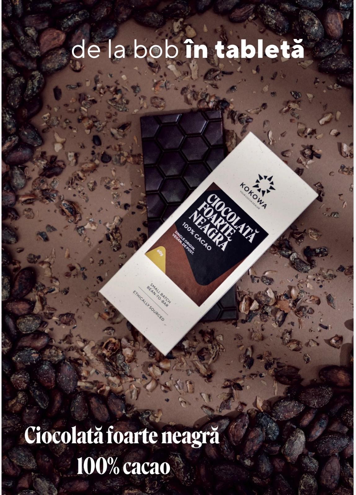 Ciocolată neagră, 100% cacao | Bean-to-Bar, 30gr Kokowa