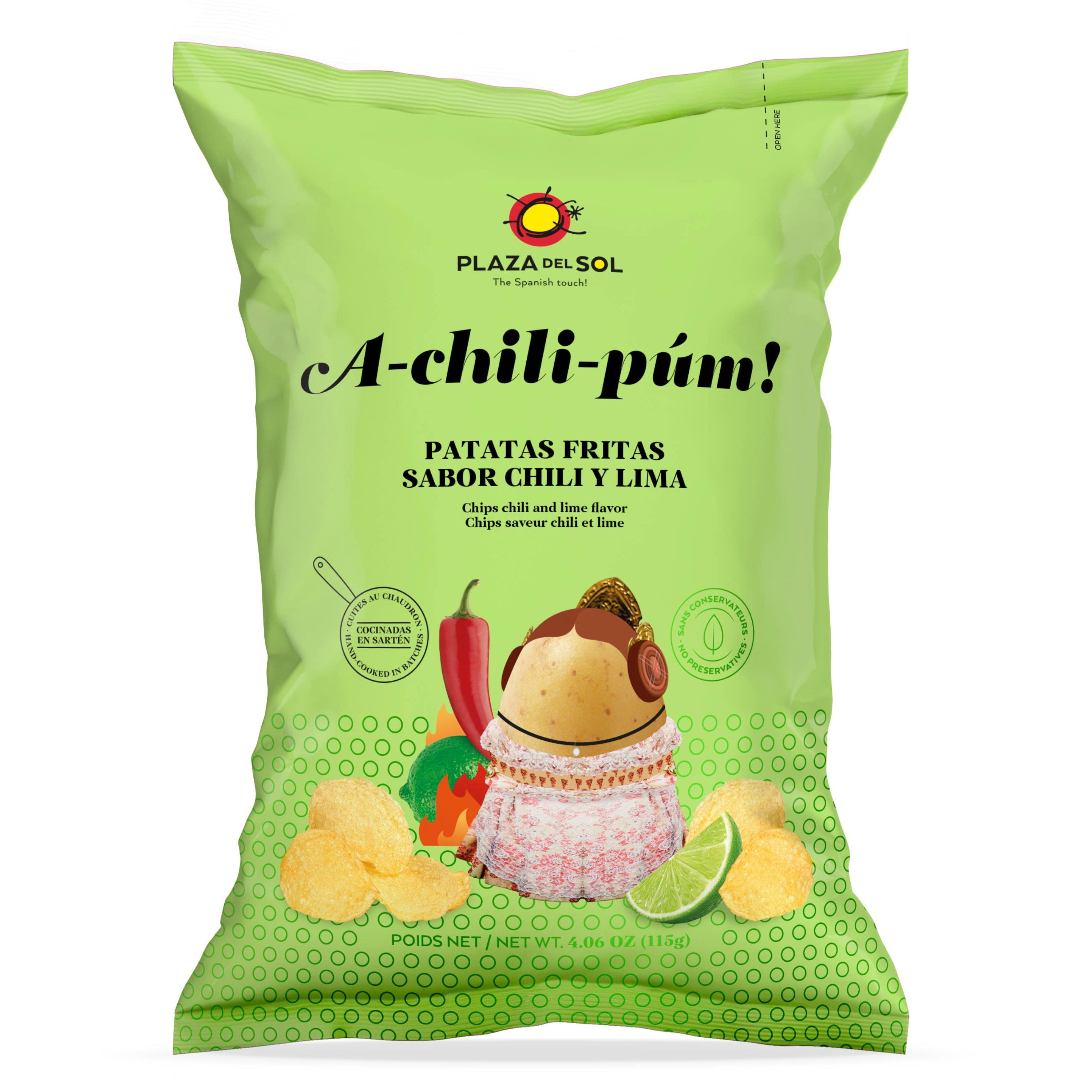 Chipsuri de cartofi A-chili-púm! (Aromă de chili și lime), 115gr Plaza del Sol