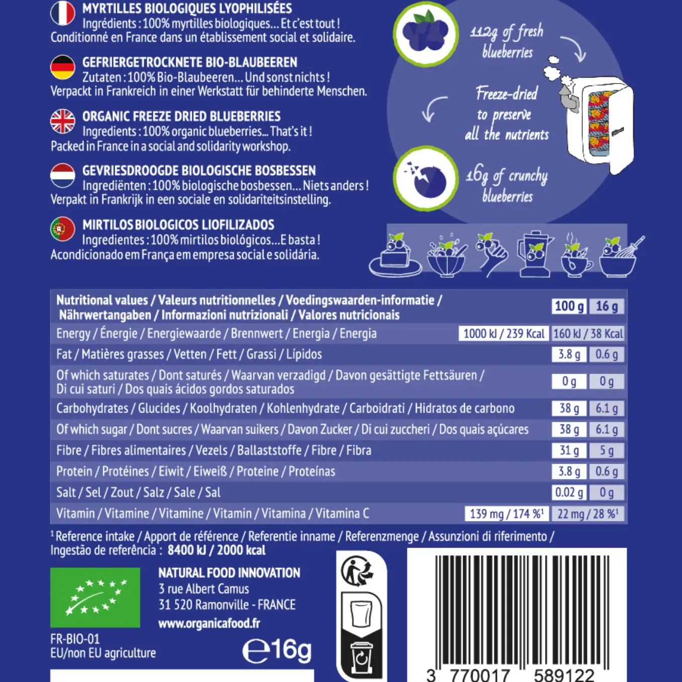 Afine liofilizate organice 100% fructe pure, 16gr Organica Food